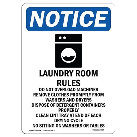 Signmission Safety Sign, OSHA Notice, 18" Height, Laundry Room Rules ...