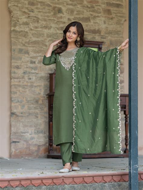 Mehandi Green Color Women Embroidered Kurta Trouser Set with Dupatta ...