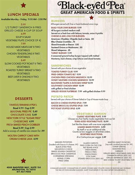Menu at Black-eyed Pea restaurant, Pueblo, 801 US-50