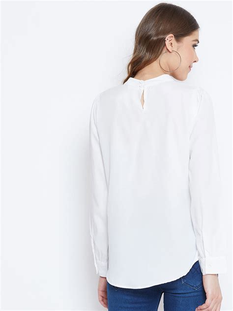 Women Solid White High-Neck Pleated Top - Berrylush