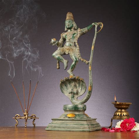 Lord Krishna Dancing on Kaliya Naag Statue - Antique Brass Finish ...