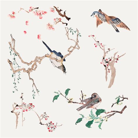 Bird perching on a tree vector art print set, remixed from artworks by ...
