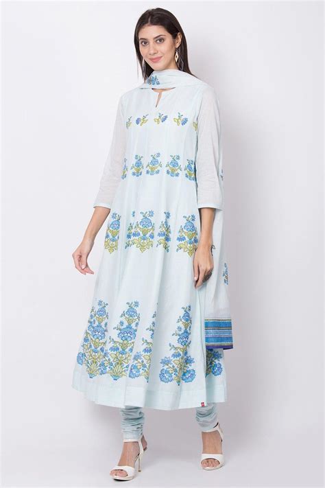 Ice Blue Straight Kurta Churidar Suit Set