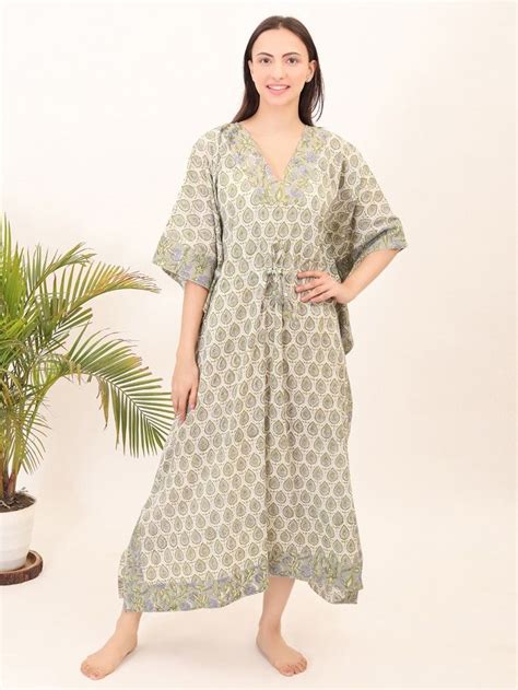 Buy Green Hand Block Printed Cotton Kaftan | IC-SK56/SIM29APR | The loom