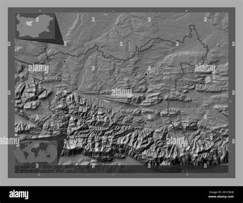 Lovech, province of Bulgaria. Bilevel elevation map with lakes and rivers. Locations of major ...