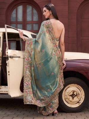 Two tone blue and gold colored jimmy choo saree with sequinned embroid