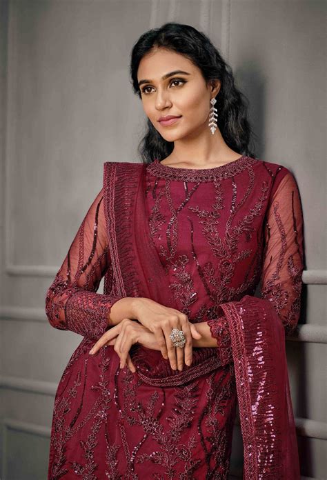 Red Color Women Soft Net Embroidery Work Straight Salwar Suit For Woma ...