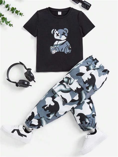 Young Boy Casual Cool Camo Printed Short Sleeve T-Shirt And Cargo Pants ...
