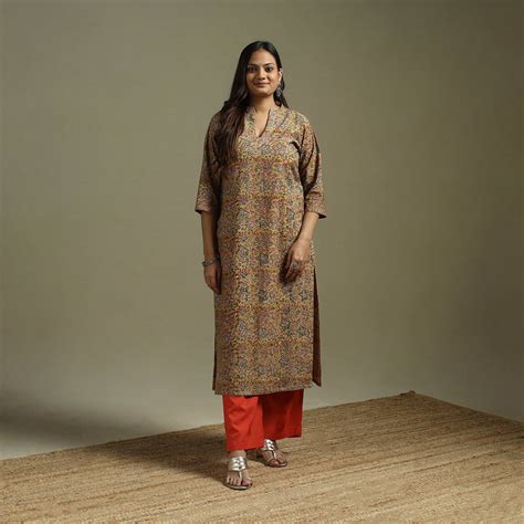 Yellow Pedana Block Print Natural Dyed Cotton Straight Kalamkari Kurta