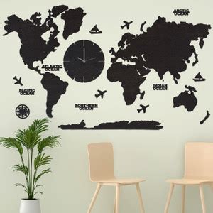 rawpockets 3D Wooden World Map With Clock|Wall Decor for Home & Office ...