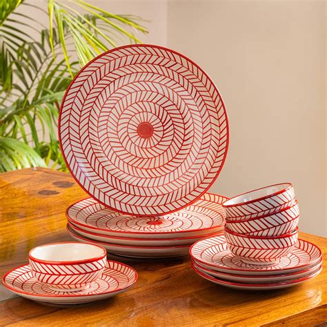 ExclusiveLane 'Red Chevrons' Handpainted Ceramic Dinner Set (12 Pieces ...
