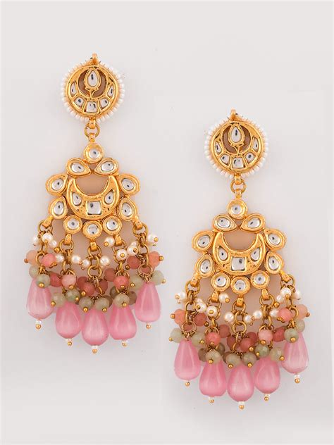 Dastoor Gold-Plated Pink White Kundan Studded Beaded Jewellery Set ...