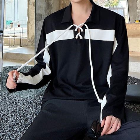 Contrast Colour Stitching Strap Polo Korean Fashion Tshirt ...