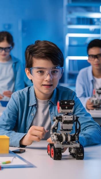 Teens doing experiments in robotics in a laboratory boy in protective ...
