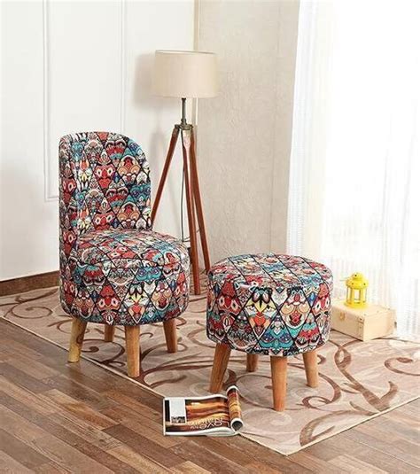 Upholstered Ottoman Chair: Velvet, Leather & Wooden Frame