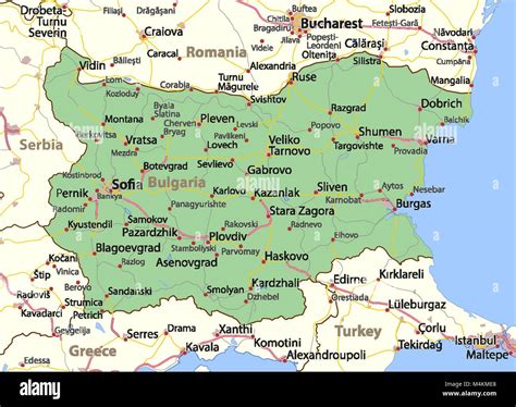 Map of Bulgaria. Shows country borders, urban areas, place names and roads. Labels in English ...