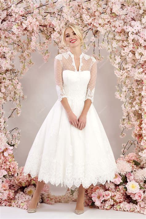 Short Dot Tulle 3/4 Sleeves Tea Length Victoria Puffy Wedding Gown