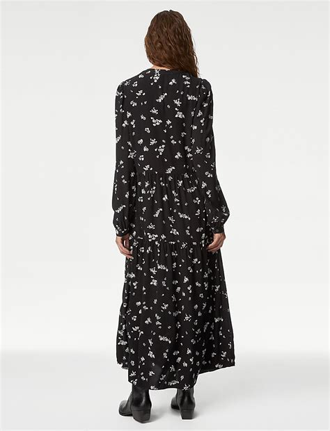 Buy Printed Round Neck Midi Tiered Dress at Marks & Spencer