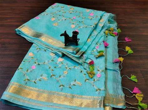 Blue Gold Pure Handloom Linen Silk Banarasi Saree – Paarijaatham.com
