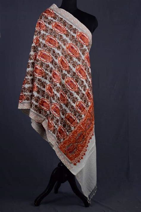 White color kashmiri work embroidered stole enriched with floral