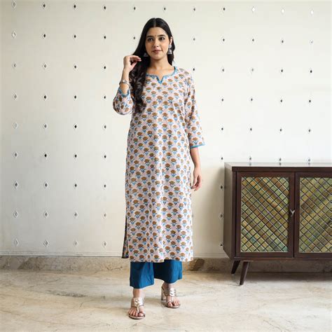 Beige Block Print Cotton Straight Sanganeri Kurta for Women