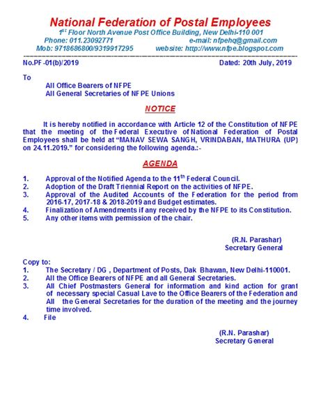 Notice for Federal Executive i/c with Federal Council of NFPE