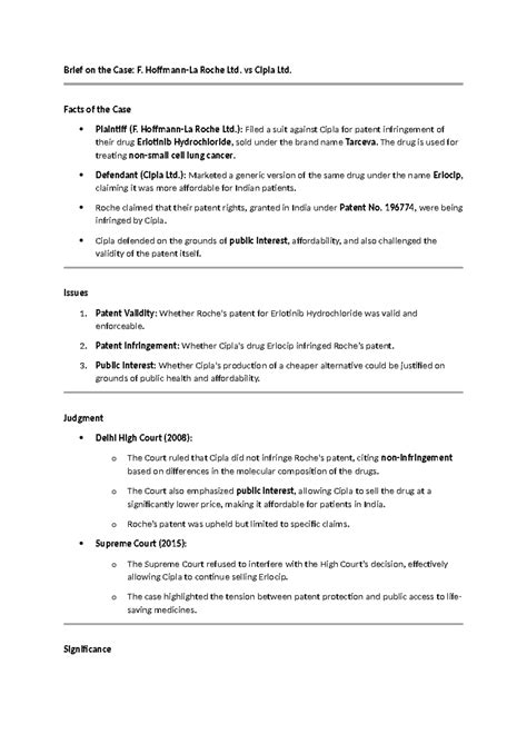 IP Case Briefs: F. Roche Ltd. vs Cipla Ltd. & Novartis AG v. Union of ...