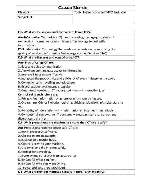 9-IT - Class Notes Class: IX Topic: Introduction to IT-ITES Industry ...