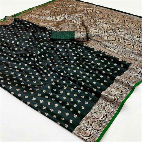 Dark Green Floral Woven Satin Silk Saree With Zari Border