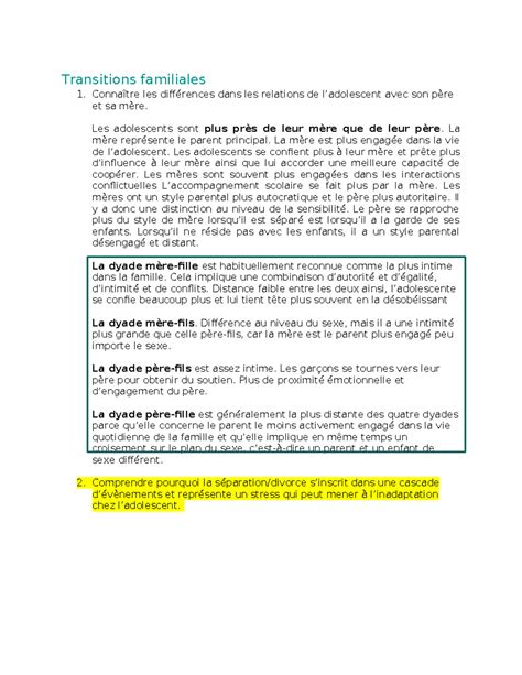 Psycho Ado Examen 2 résumé - Transitions familiales Connaître les différences dans les relations ...