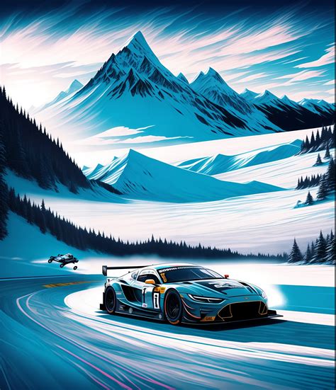 "Create an image of a cinematic race car on an ice rink, gliding at ...