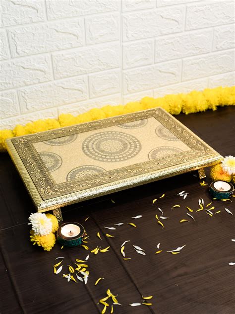 Ekhasa Wooden Chowki for Puja with Brass Sheet (18 * 12 inch) | Ideal ...