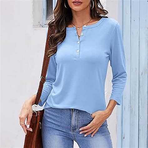 Womens Long Sleeve T Shirts Button Henley-Neck Solid Color Soft Base ...
