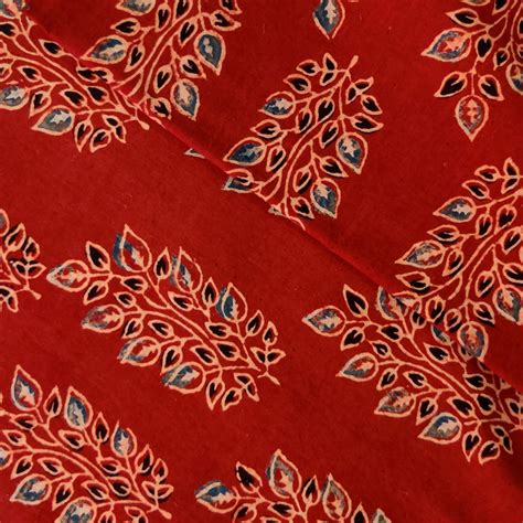 Pure Cotton Ajrak Madder With Blue Leafy Plant Hand Block Print – Sanskruti