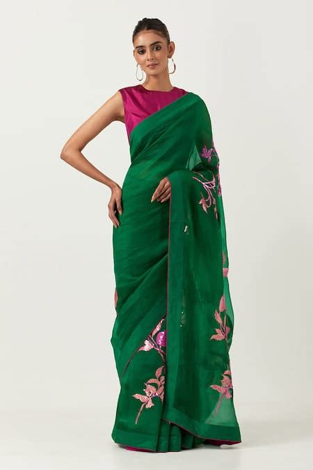 Buy Green Organza, Silk Embroidery Round Neck Harit Sundari Saree With ...