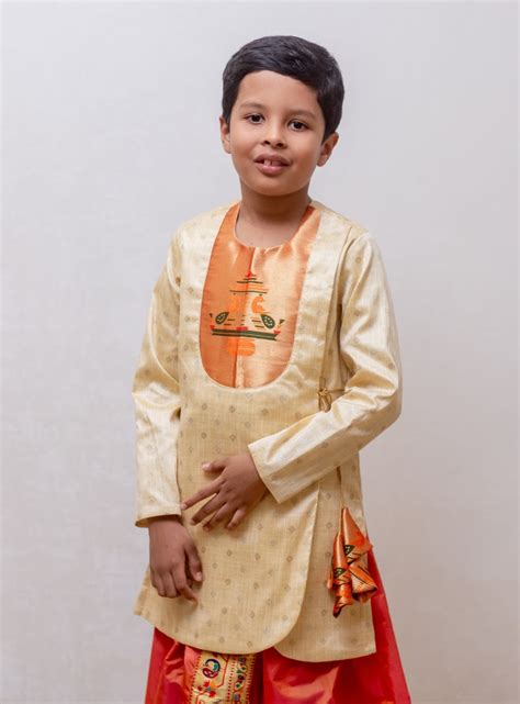 Beige raw silk jari butta, Angarkha short kurta with Paithani yoke for ...