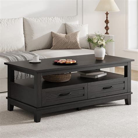 GarveeHome Farmhouse Coffee Table with Drawers, 47.2" Center Table ...