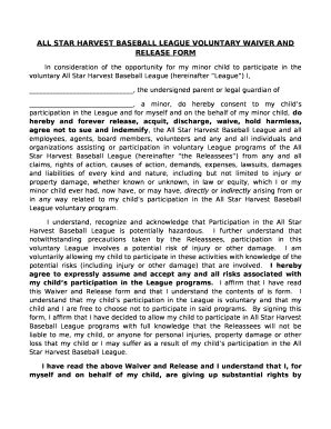 ALL STAR HARVEST BASEBALL LEAGUE VOLUNTARY WAIVER AND RELEASE Doc ...