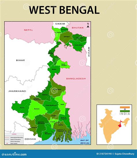 West Bengal Map. Showing International and State Boundary and District ...