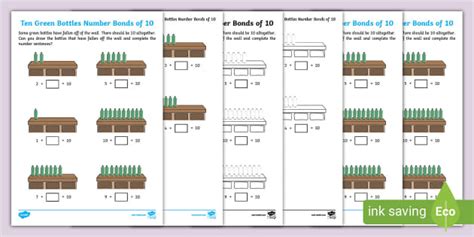 👉 Ten Green Bottles Number Bonds to 10 Worksheet