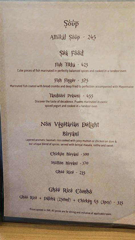 Menu at Mount Road Bilal at ECR, Chennai