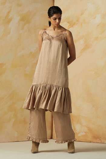 Buy Beige Linen Satin V Neck Tunic And Palazzo Set For Women by Kanelle ...