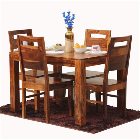 Rosa Solid Sheesham Wood Four Seat Dining table Set in Natural Finish