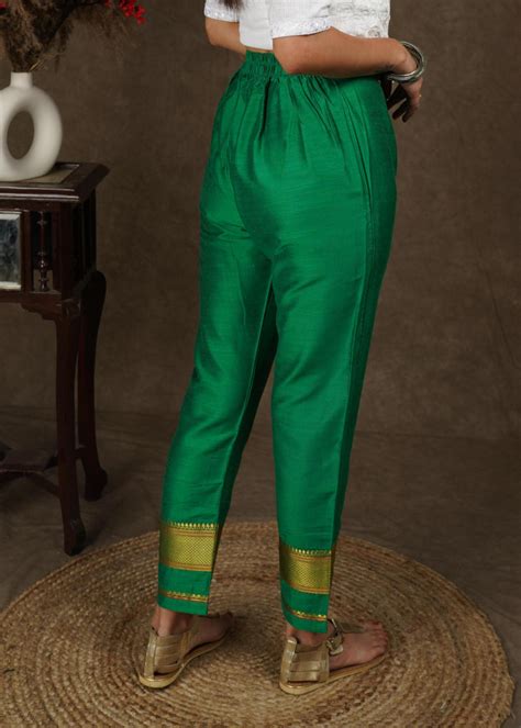 Green cotton silk narrow pant with banarasi border – Sujatra