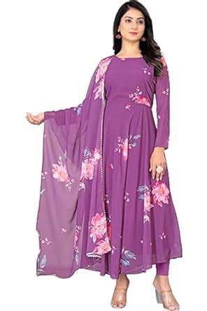Buy Silk Sutra Purple Georgette Floral Printed Ankel Length Full Sleeve ...