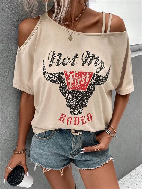 SHEIN LUNE Cow & Letter Graphic Asymmetrical Neck Dolman Sleeve Tee ...