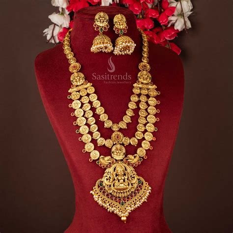Classic Matt Gold Temple Lakshmi Pendant Long Necklace with Jhumka ...
