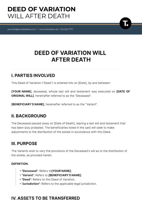 Free Deed Of Variation Will After Death Template to Edit Online