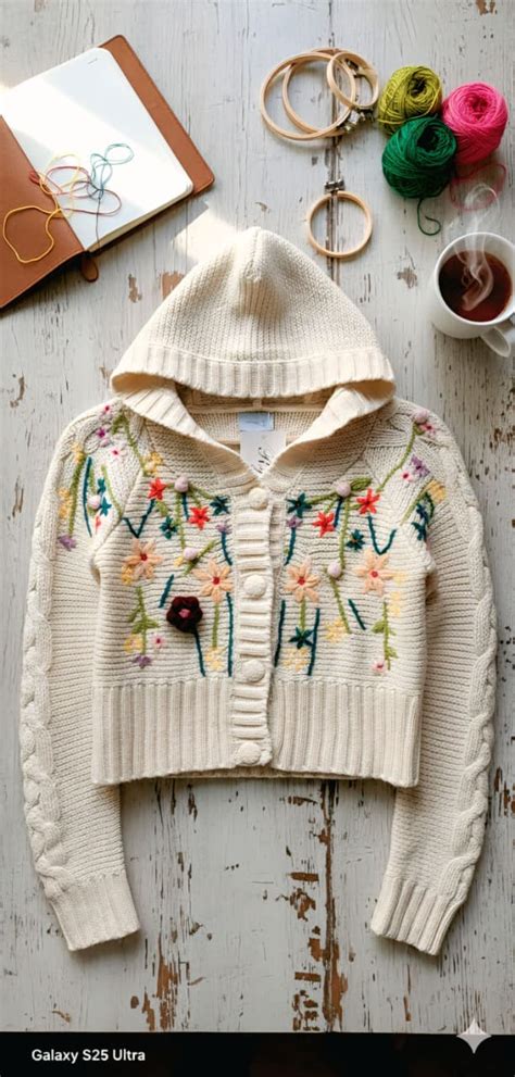 Hand-Embroidered Woolen Hoodie Cardigan – Floral Ivory – Sadaaluxury.in