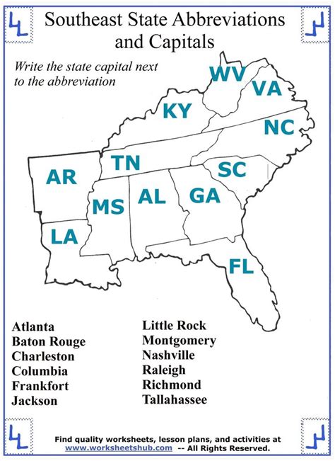 Southeast States Capitals Map Study Guide